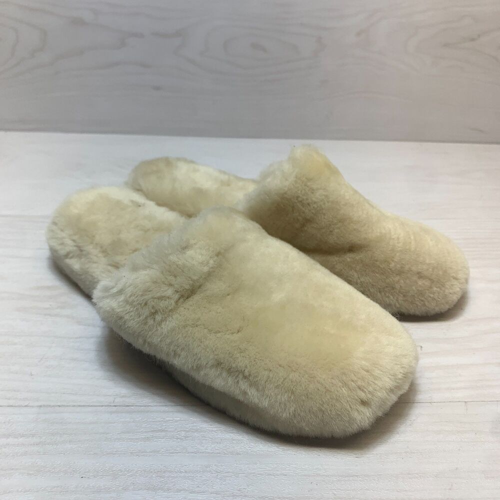 Coasters Mule Slipper Womens Sz 8/9 Large Ivory Genuine Sheepskin Fluffy Slip On